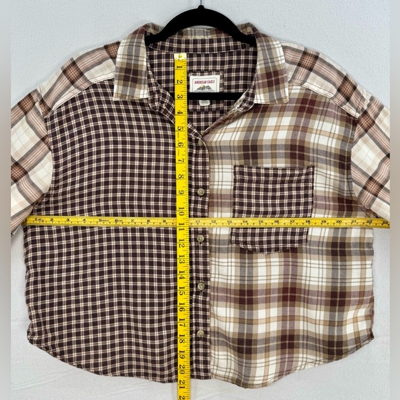 Women’s American Eagle Cozy Cabin Cropped Flannel Brown Elbow Patch Sz M - Picture 4 of 7